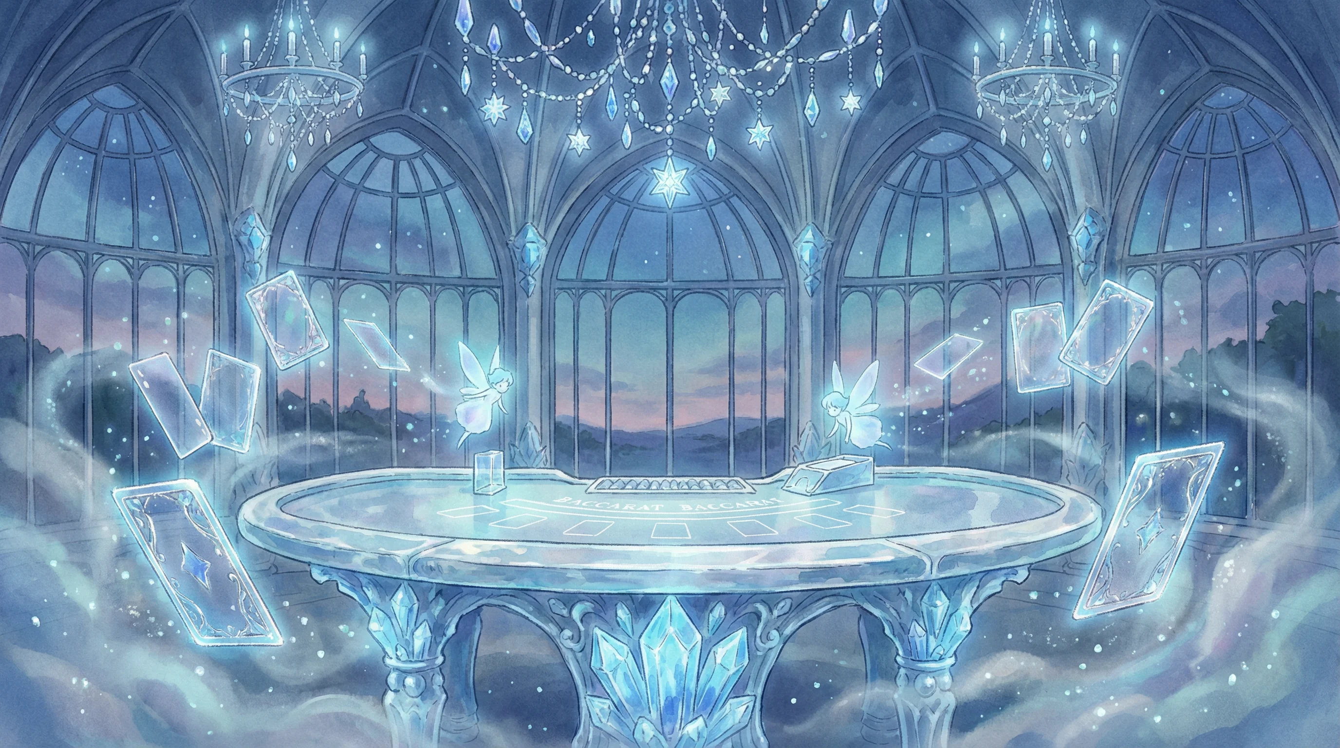 Mesa de bacará em palácio de cristal com fadas e cartas brilhantes