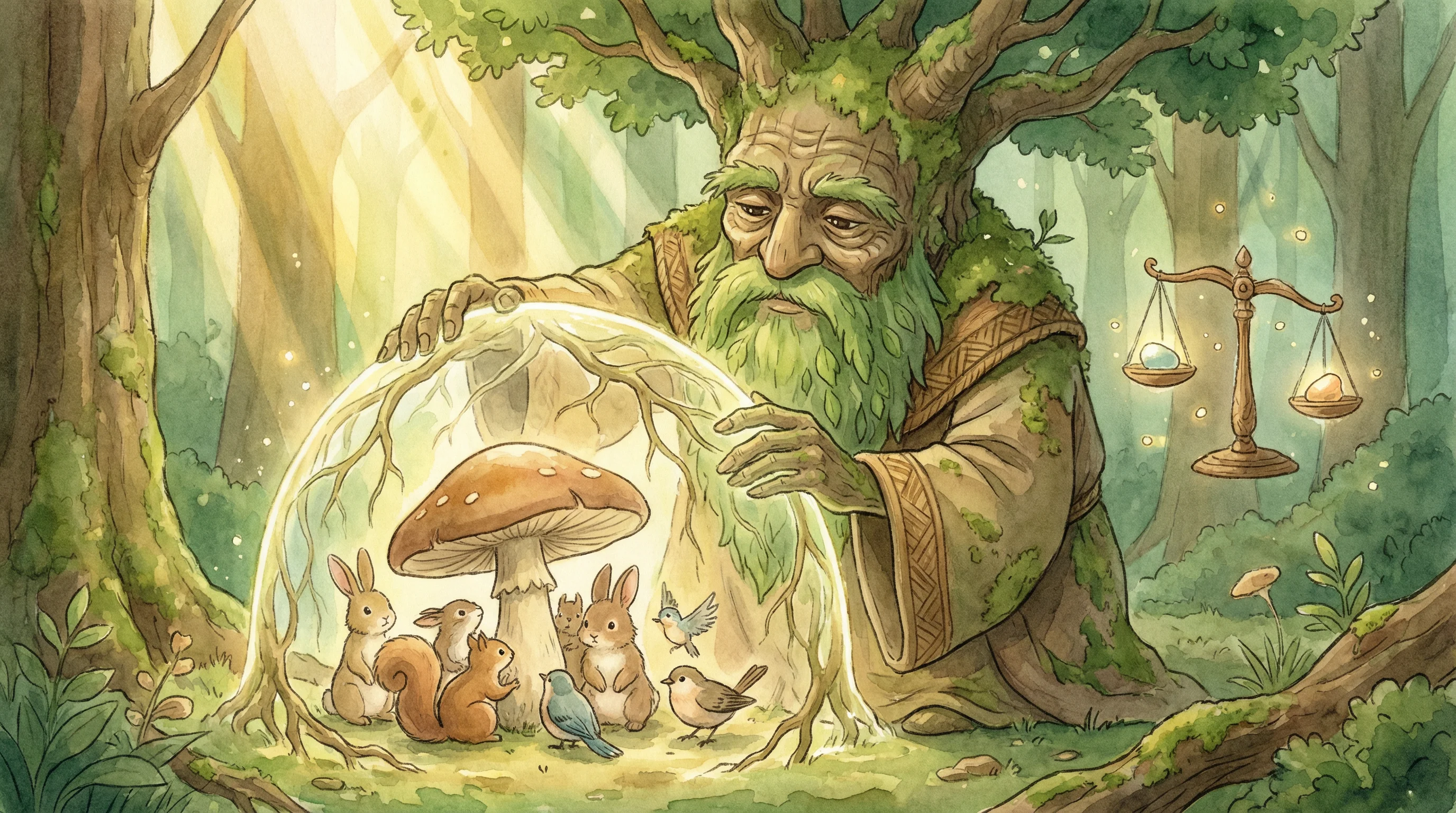 Espírito da árvore sábia protegendo criaturas da floresta com escudo mágico