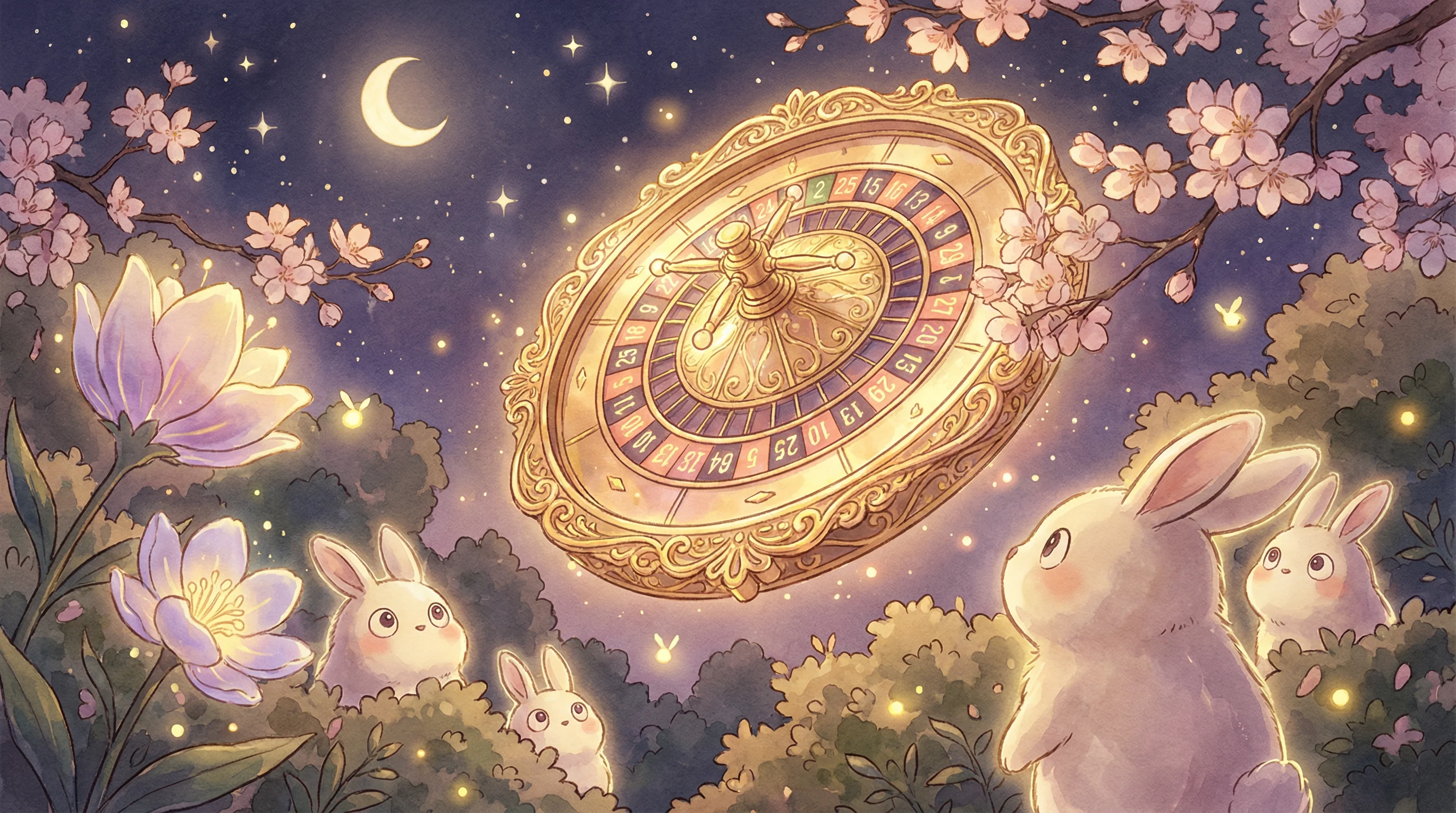 Roleta dourada flutuando em jardim mágico noturno com coelhos e flores